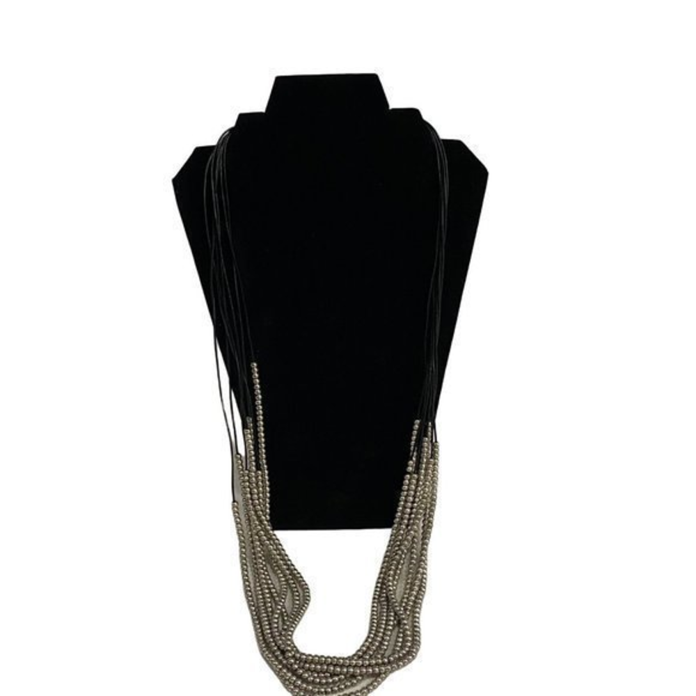 Lizou Multi-Strand Black Cord Silver Tone Beads‎ Long Necklace